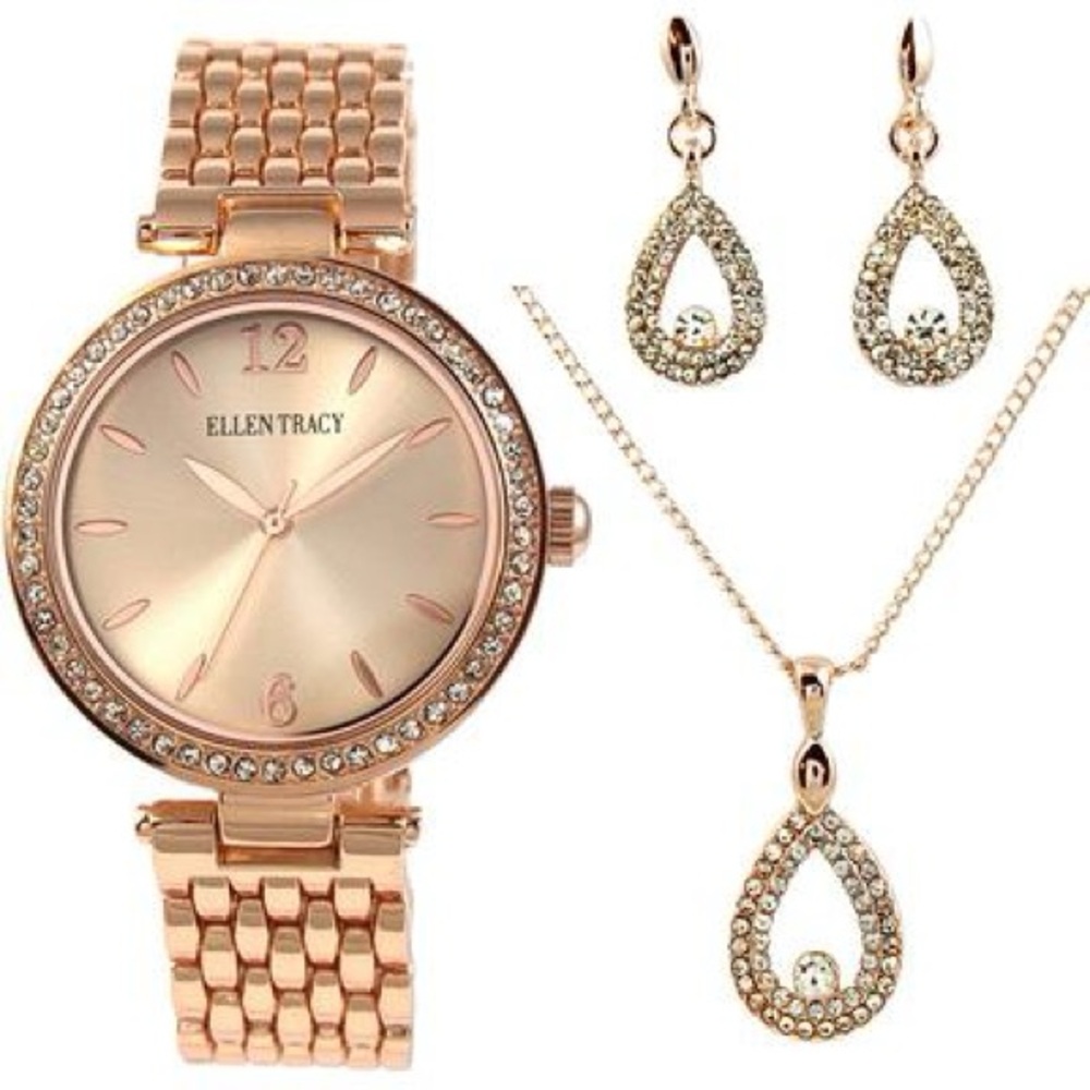 New - Ellen Tracy Watch Necklace Pendant Gift Set - rose gold